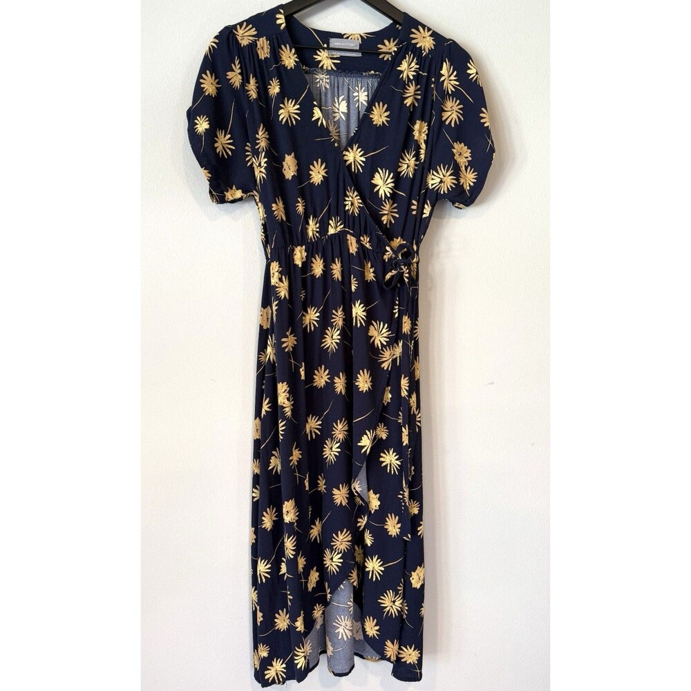 Urban Outfitters Alto Midi Wrap Dress Size M Navy Blue Yellow Daisy Floral
